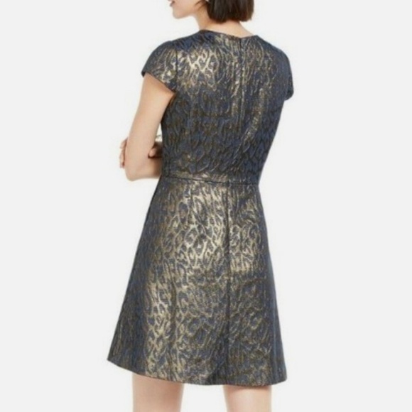 Vince Camuto Jacquard Cap Sleeve Fit and Flare in Navy and Gold Animal Print - Picture 5 of 14